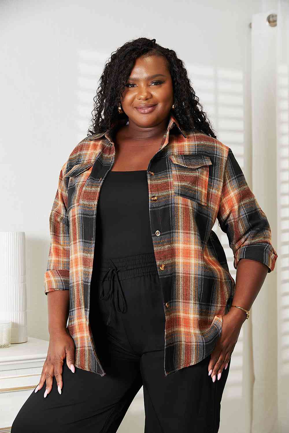 Double Take Plaid Dropped Shoulder Shirt Trandify deal