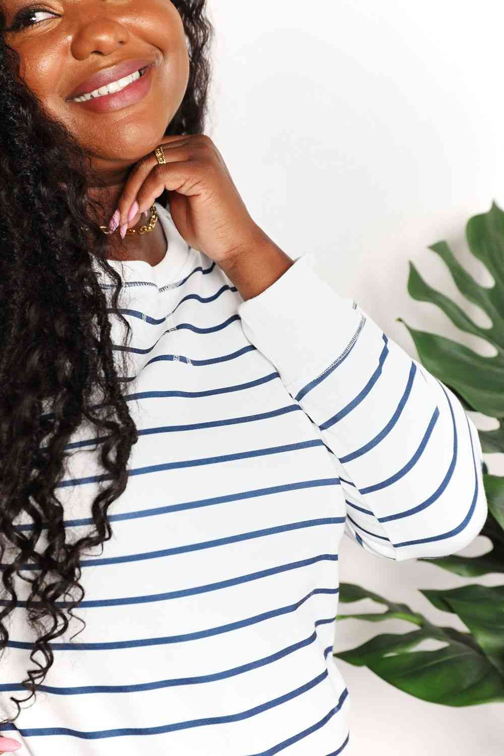Double Take Striped Long Sleeve Round Neck Top Trandify deal