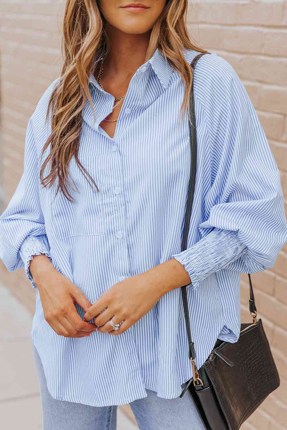 Striped Lantern Sleeve Collared Shirt Trandify deal