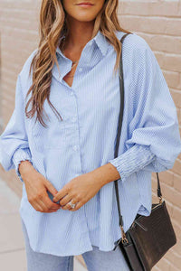Striped Lantern Sleeve Collared Shirt Trandify deal