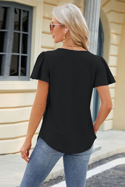 Eyelet Square Neck Short Sleeve T-Shirt Trandify deal