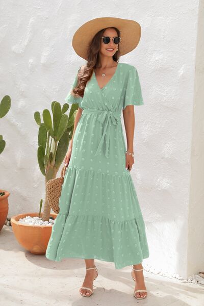 Swiss Dot Tied Surplice Short Sleeve Dress Trandify deal