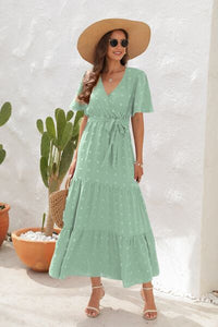 Swiss Dot Tied Surplice Short Sleeve Dress Trandify deal