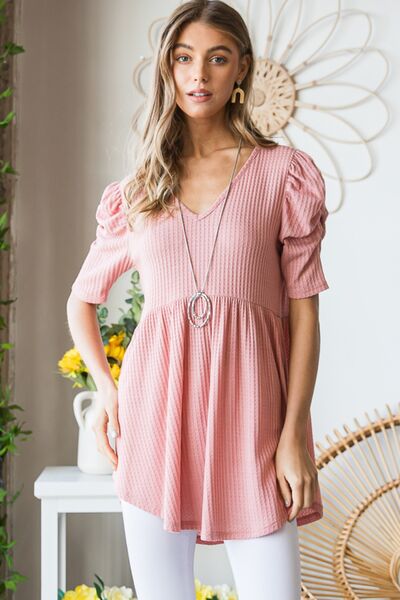 Heimish Full Size Waffle Knit V-Neck Babydoll Top Trandify deal