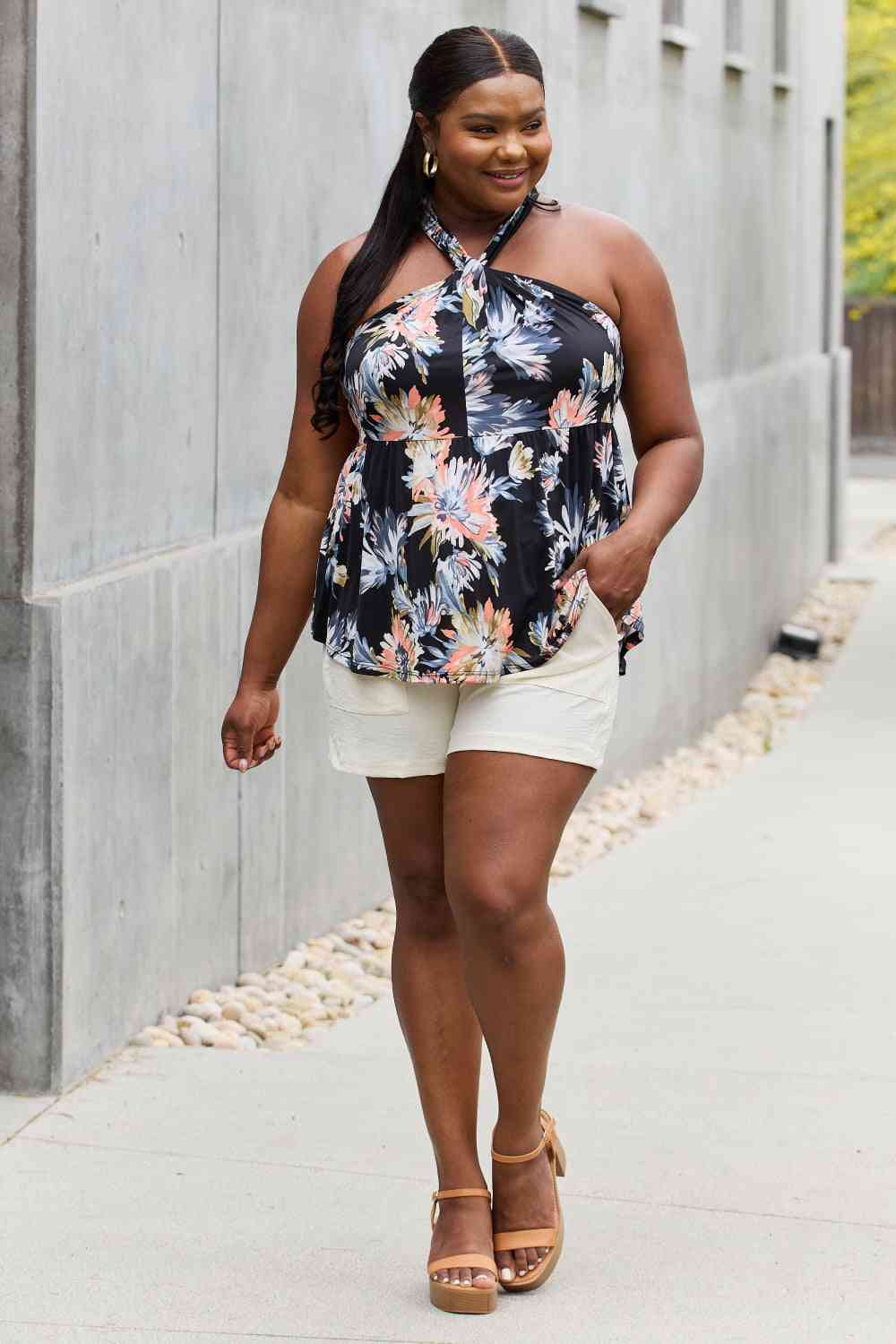 Be Stage Full Size Floral Halter Top in Black Trandify deal