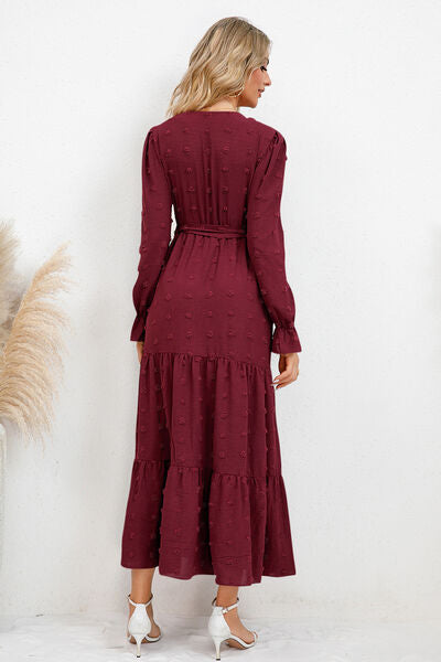Swiss Dot Tied Surplice Flounce Sleeve Dress Trandify deal