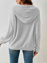 Ribbed Dropped Shoulder Drawstring Hoodie Trandify deal