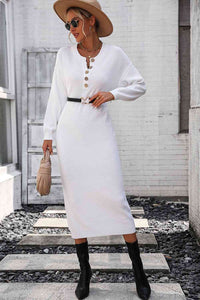 Notched Neck Dropped Shoulder Button-Down Midi Dress Trandify deal