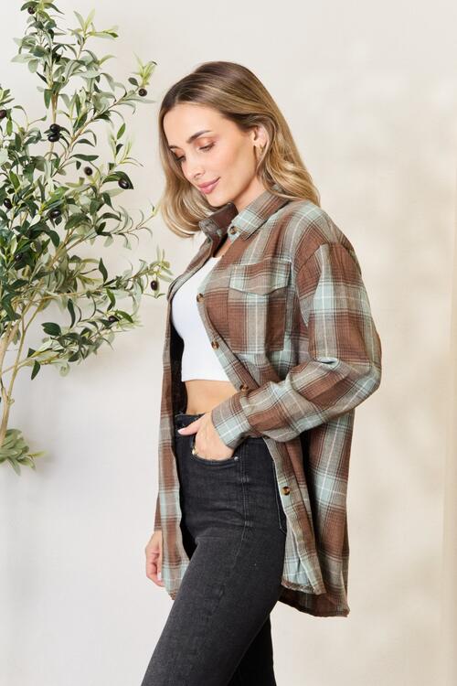 Double Take Plaid Dropped Shoulder Shirt Trandify deal