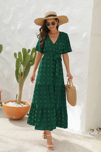 Swiss Dot Tied Surplice Short Sleeve Dress Trandify deal