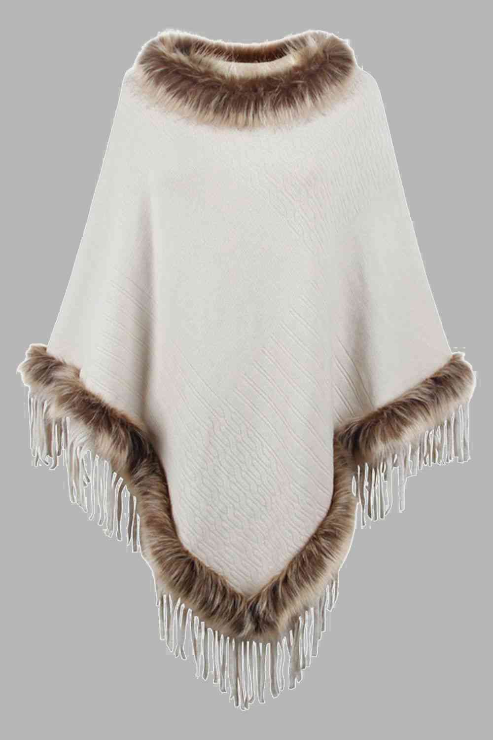 Faux Fur Trim Fringed Poncho Trandify deal