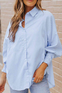 Striped Lantern Sleeve Collared Shirt Trandify deal