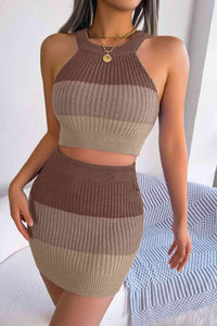 Color Block Sleeveless Crop Knit Top and Skirt Set Trandify deal