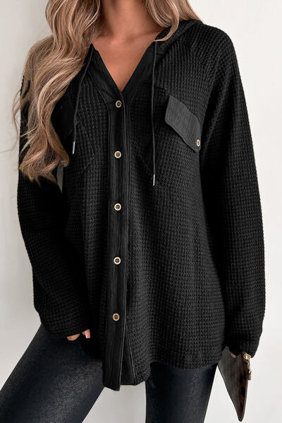 Waffle-Knit Button Up Drawstring Hoodie Trandify deal