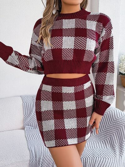 Plaid Round Neck Top and Skirt Sweater Set Trandify deal