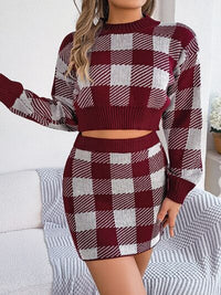 Plaid Round Neck Top and Skirt Sweater Set Trandify deal