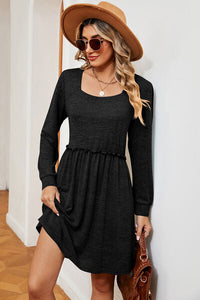 Frill Square Neck Long Sleeve Dress Trandify deal