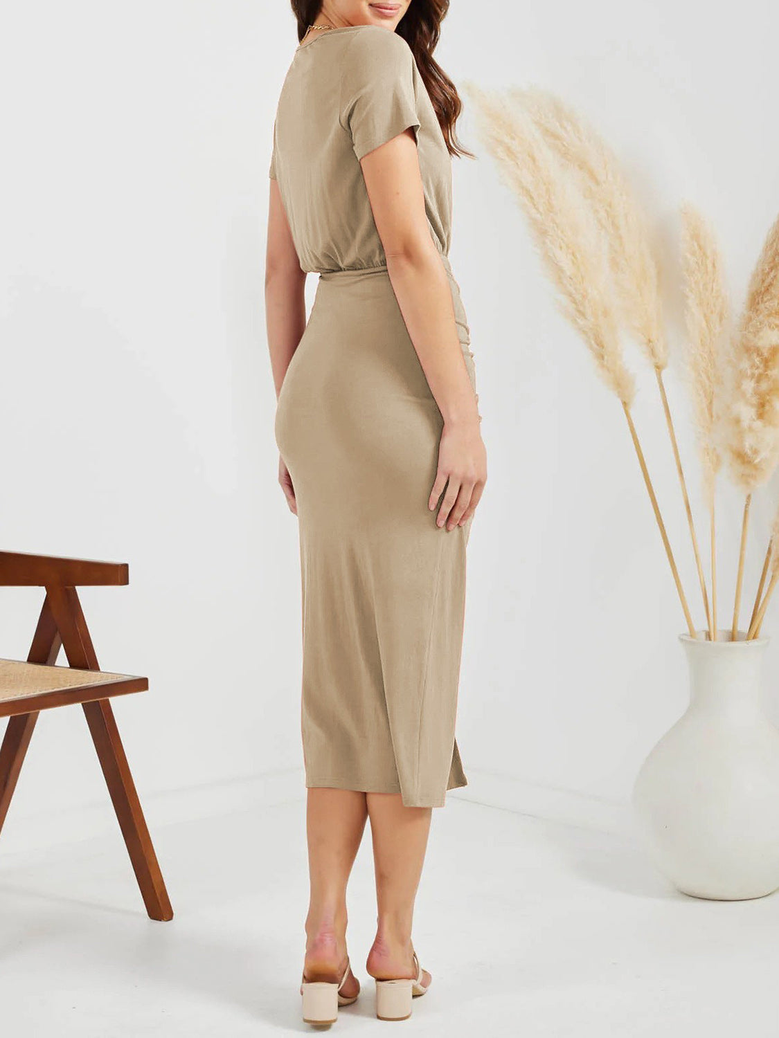 Ruched Slit V-Neck Short Sleeve Dress Trandify deal