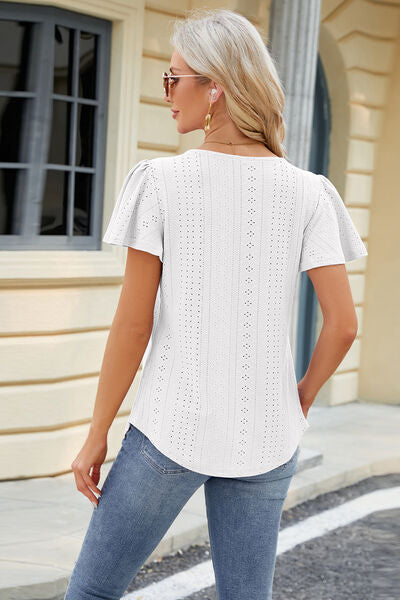 Eyelet Square Neck Short Sleeve T-Shirt Trandify deal