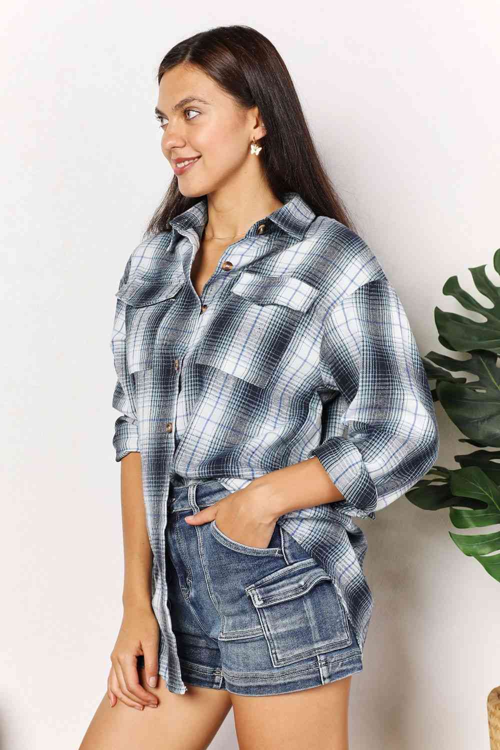 Double Take Plaid Dropped Shoulder Shirt Trandify deal