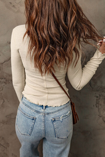 Waffle-Knit Half Snap Long Sleeve T-Shirt Trandify deal