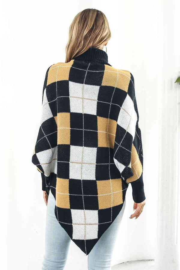 Plaid Turtleneck Dolman Sleeve Poncho Trandify deal