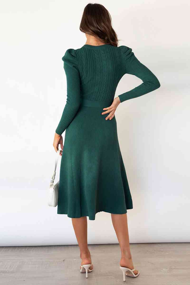 Round Neck Long Sleeve Tie Waist Sweater Dress Trandify deal