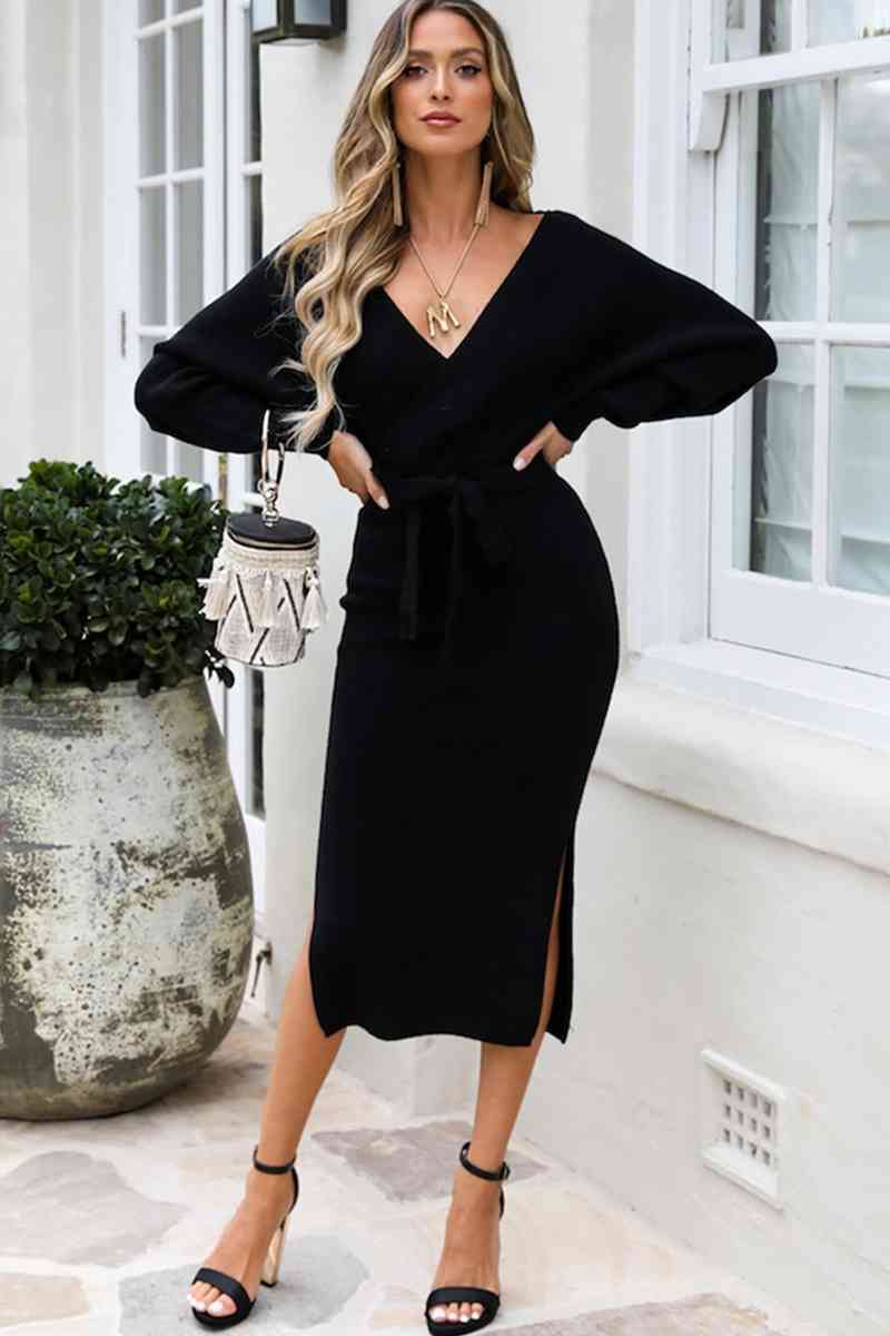 Surplice Neck Bow Waist Slit Sweater Dress Trandify deal