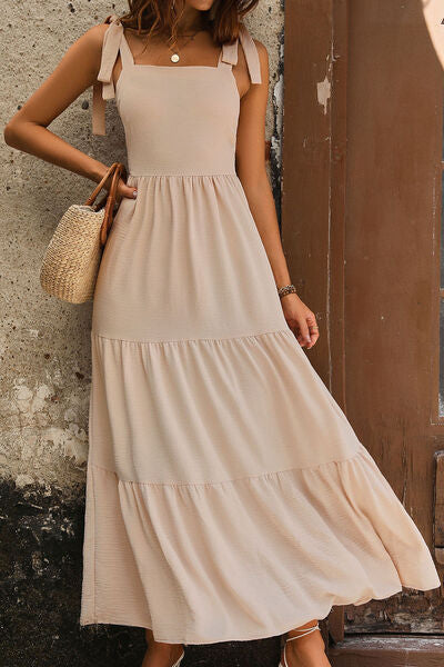 Tie Shoulder Smocked Tiered Dress Trandify deal