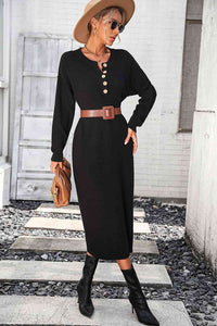 Notched Neck Dropped Shoulder Button-Down Midi Dress Trandify deal