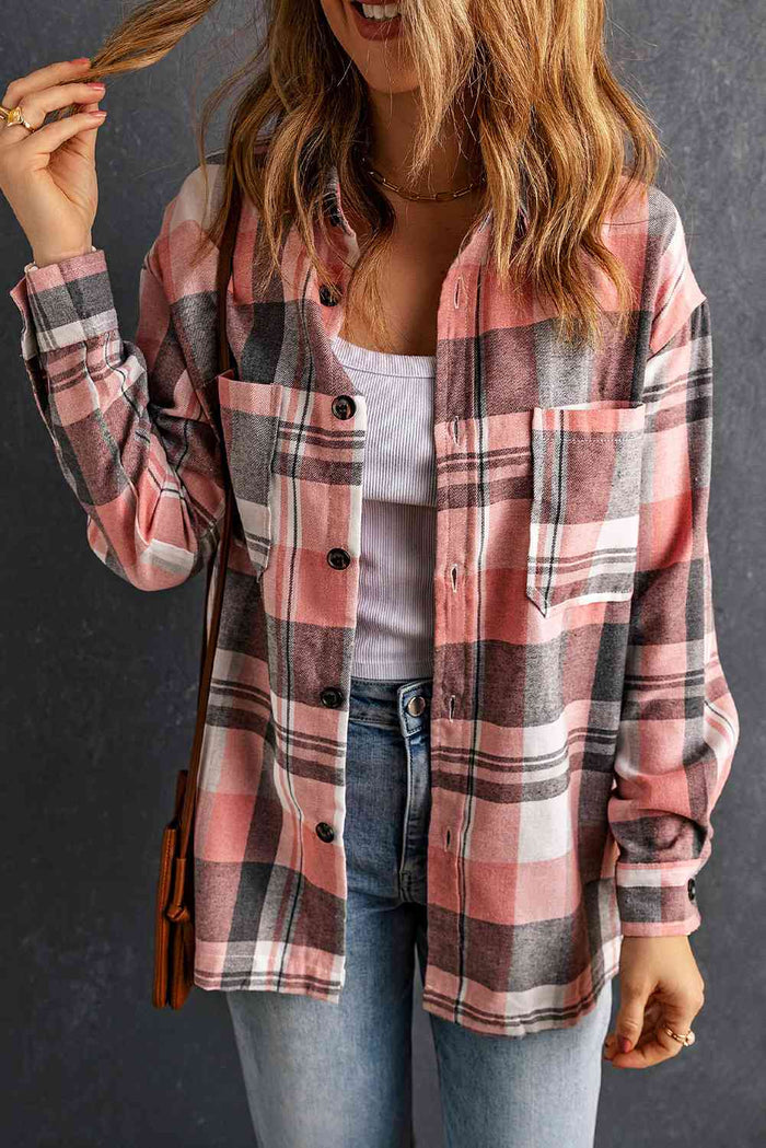 Double Take Plaid Dropped Shoulder Longline Shirt Trandify deal