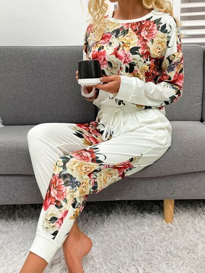 Printed Round Neck Top and Drawstring Pants Lounge Set Trandify deal