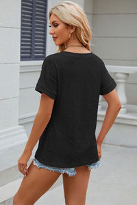 Eyelet V-Neck Short Sleeve T-Shirt Trandify deal