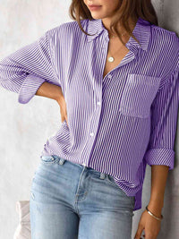 Striped Collared Neck Shirt with Pocket Trandify deal