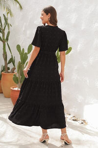 Swiss Dot Tied Surplice Short Sleeve Dress Trandify deal