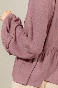 Notched Balloon Sleeve Peplum Blouse Trandify deal
