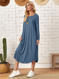 Pocketed Round Neck Long Sleeve Tee Dress Trandify deal