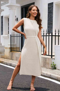 Round Neck Tie Belt Slit Sleeveless Sweater Dress Trandify deal