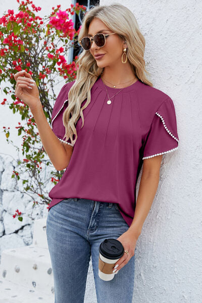 Round Neck Petal Sleeve T-Shirt Trandify deal