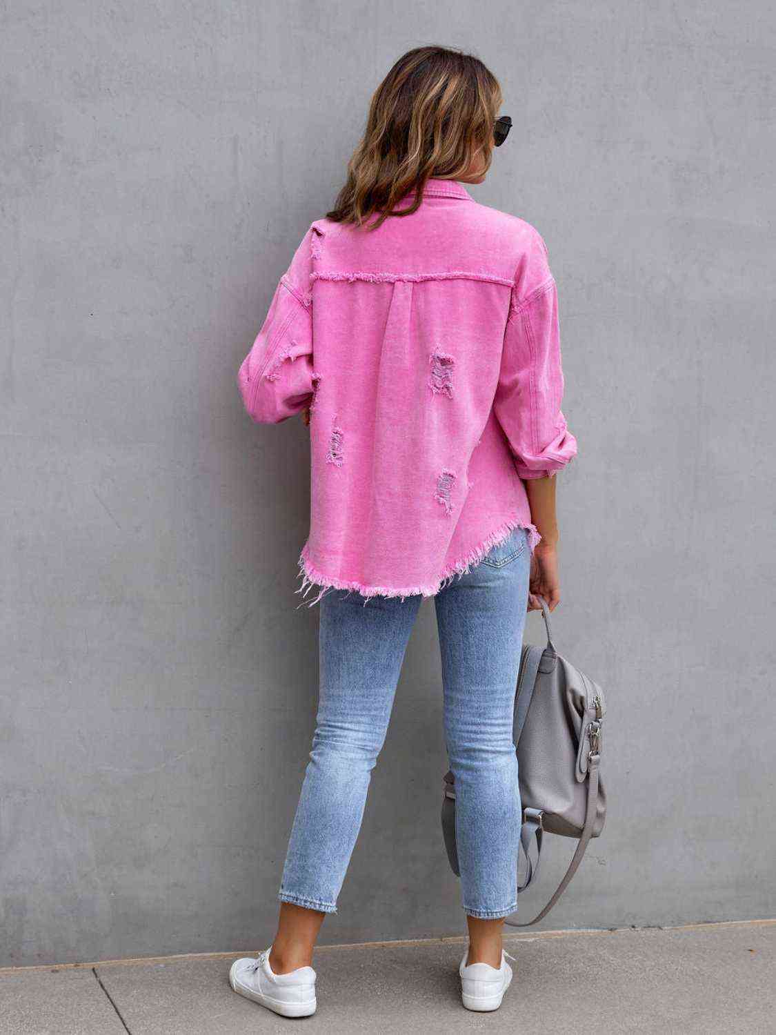 Distressed Drop Shoulder Denim Jacket - Trandify Deal