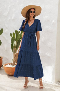 Swiss Dot Tied Surplice Short Sleeve Dress Trandify deal