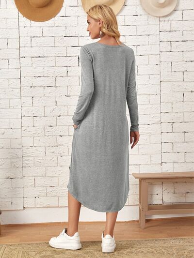 Pocketed Round Neck Long Sleeve Tee Dress Trandify deal