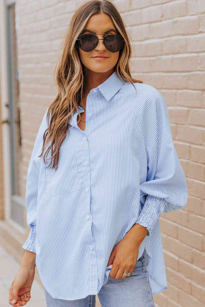Striped Lantern Sleeve Collared Shirt Trandify deal