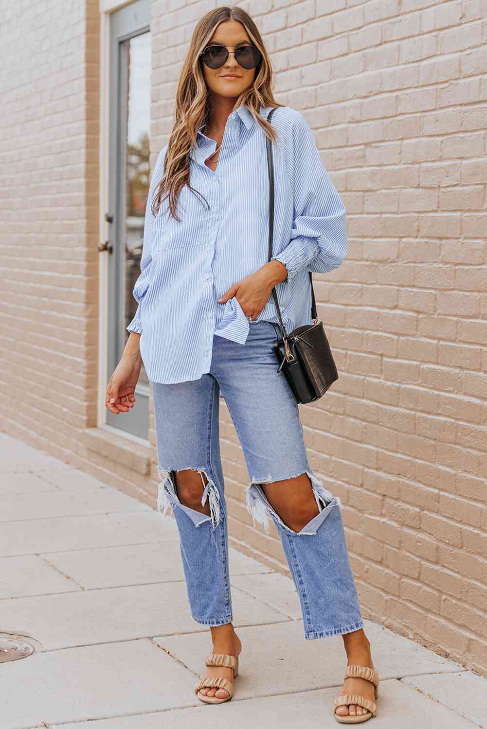 Striped Lantern Sleeve Collared Shirt Trandify deal
