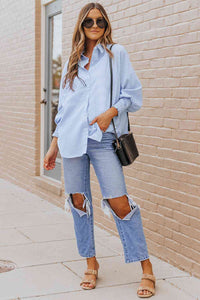 Striped Lantern Sleeve Collared Shirt Trandify deal