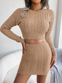 Cable-Knit Round Neck Top and Skirt Sweater Set Trandify deal