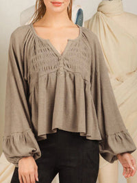 Notched Balloon Sleeve Peplum Blouse Trandify deal