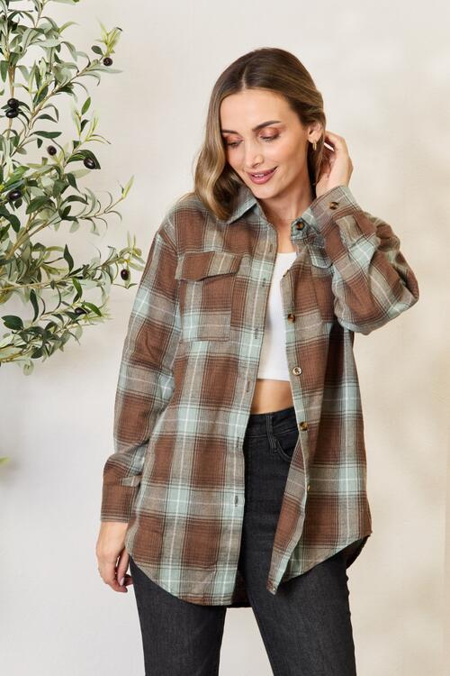 Double Take Plaid Dropped Shoulder Shirt Trandify deal