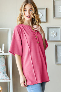 Heimish Full Size Ribbed Half Button Drop Shoulder Top Trandify deal