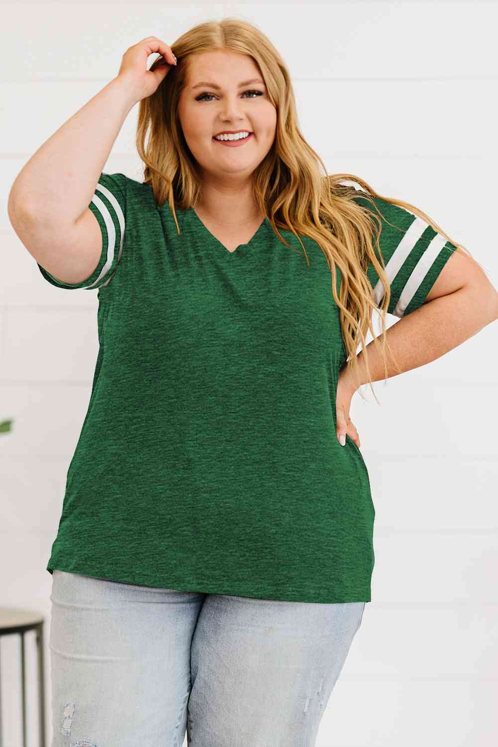 Plus Size Striped V-Neck Tee Shirt Trandify deal
